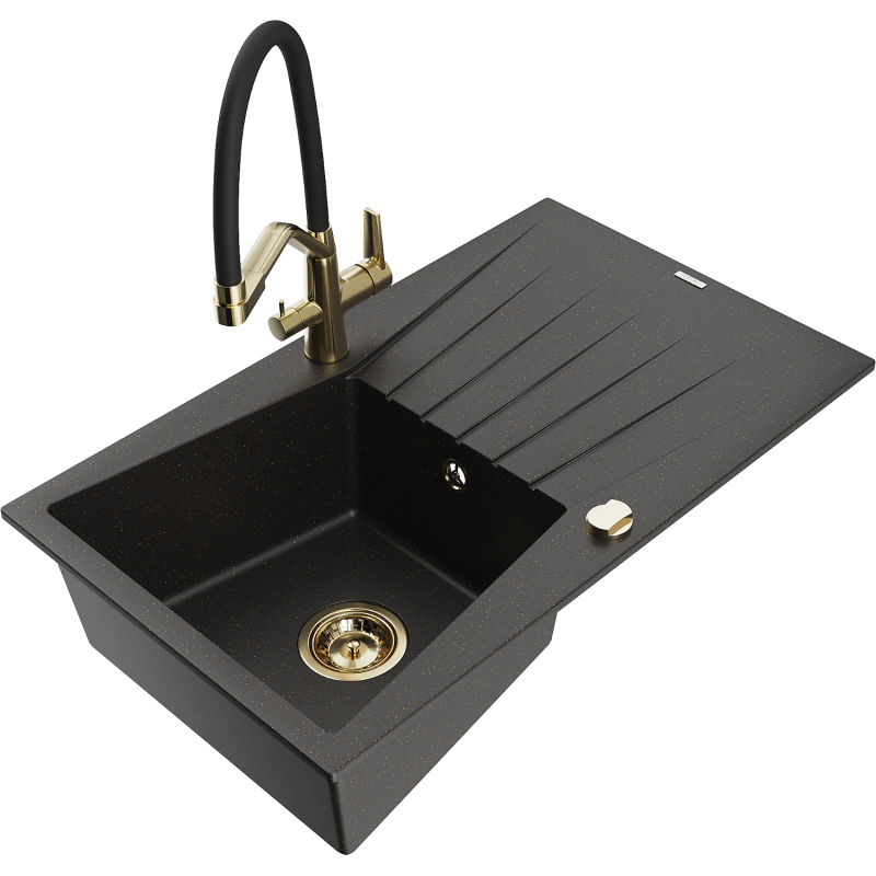 Mexen Cesar granitizlietne ar vienu nodalījumu ar noteces plāksni un virtuves jaucējkrānu Duo, melns/zeltīts metāliskums