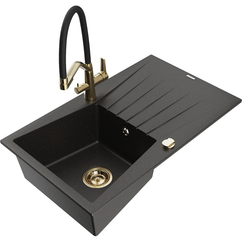 Mexen Cesar Granitspüle 1-Becken mit Abtropffläche und Küchenarmatur Duo, schwarz/gold metallic - 6514-75-671701-57-G