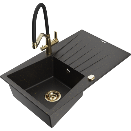 Mexen Cesar 1-bowl granite kitchen sink with drainer and Duo tap, black/gold metallic - 6514-75-671701-57-G