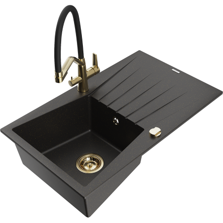 Mexen Cesar granieten spoelbak 1-komerig met afdruipplaat en keukenkraan Duo, zwart/gouden metallic - 6514-75-671701-57-G