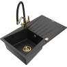 Mexen Cesar granieten gootsteen 1-komoers met afdruiprek en Duo keukenmengkraan, zwart/gouden metallic - 6514-75-671701-57-G