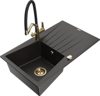 Mexen Cesar granite sink 1-bowl with drainer and kitchen faucet Duo, black/gold metallic - 6514-75-671701-57-G
