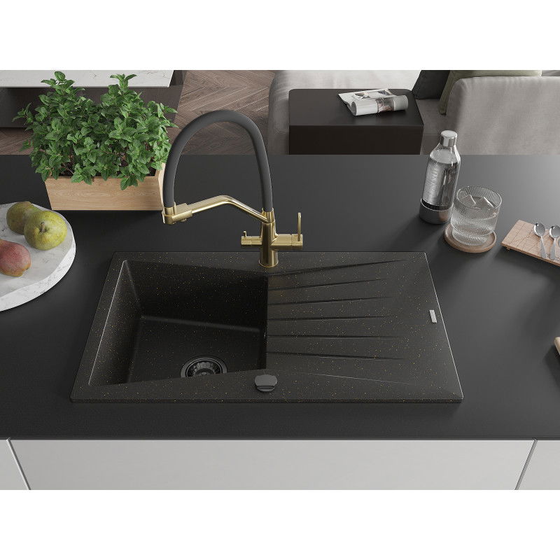 Mexen Cesar 1-bowl granite sink with drainer and Duo kitchen tap, black/gold metallic - 6514-75-671701-57-B