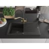 Mexen Cesar granitische gootsteen met 1 bak en afdruiprek en Duo keukenmengkraan, zwart/goud metallic - 6514-75-671701-57-B