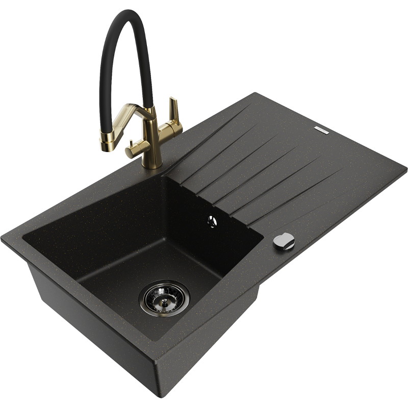 Mexen Cesar Granitspüle 1-Becken mit Abtropffläche und Küchenarmatur Duo, schwarz/gold metallic - 6514-75-671701-57-B