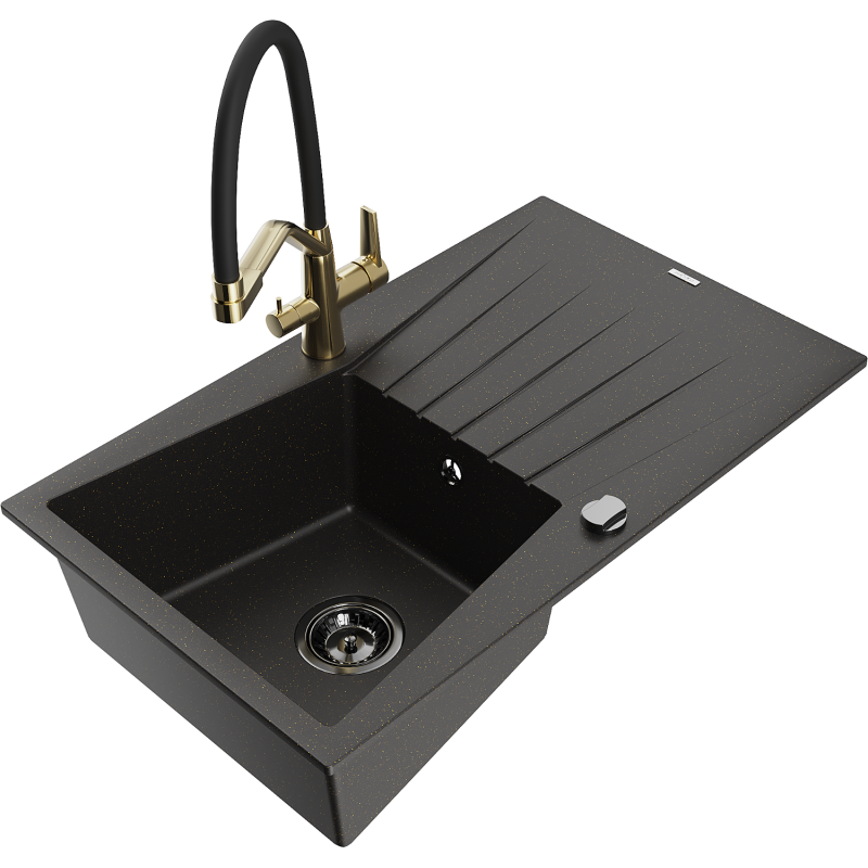 Mexen Cesar lava-loiça de granito de 1 cuba com escorredor e misturadora Duo, preto/dourado metálico - 6514-75-671701-57-B
