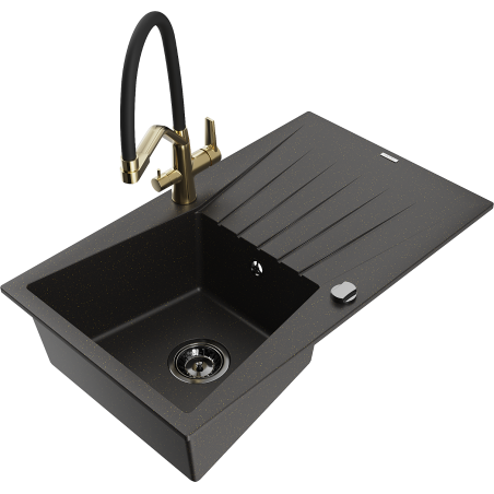 Mexen Cesar granitische gootsteen met 1 bak en afdruiprek en Duo keukenmengkraan, zwart/goud metallic - 6514-75-671701-57-B