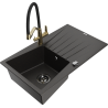 Mexen Cesar Granitspüle 1-Becken mit Abtropffläche und Küchenarmatur Duo, schwarz/gold metallisch - 6514-75-671701-57-B