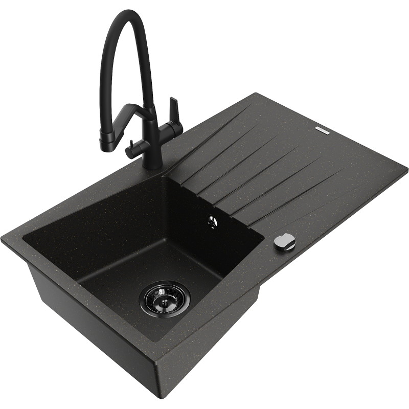 Mexen Cesar Granitspüle 1-Becken mit Abtropffläche und Küchenarmatur Duo, schwarz/gold metallic - 6514-75-671701-70-B