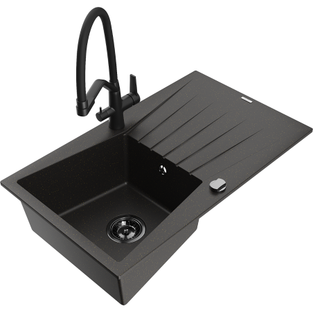 Mexen Cesar 1-bowl granite sink with drainer and kitchen faucet Duo, black/gold metallic - 6514-75-671701-70-B