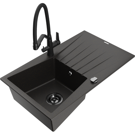 Mexen Cesar fregadero de granito de 1 cubeta con escurridor y grifo de cocina Duo, negro/oro metálico - 6514-75-671701-70-B