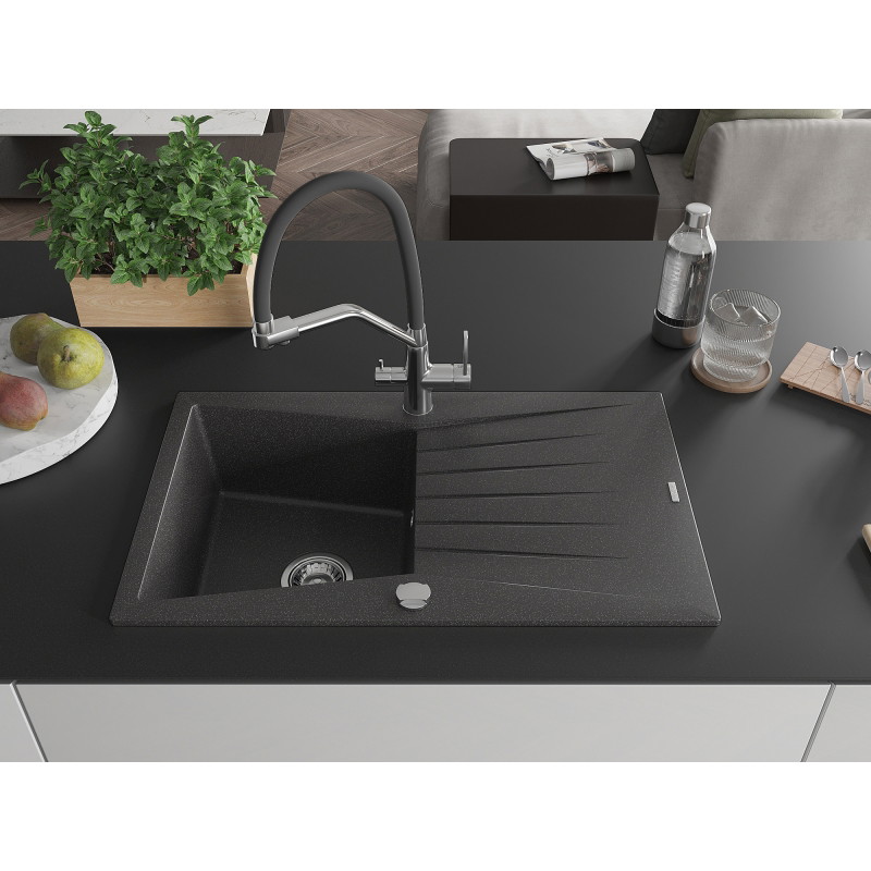 Mexen Cesar zlewozmywak granitowy 1-komorowy z ociekaczem i baterią kuchenną Duo, czarny nakrapiany - 6514-76-671701-07