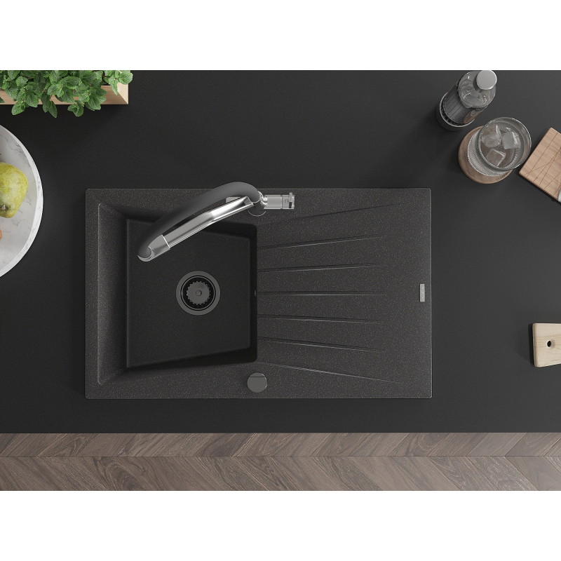 Mexen Cesar fregadero de granito de 1 cubeta con escurridor y grifo de cocina Duo, negro moteado - 6514-76-671701-07-B