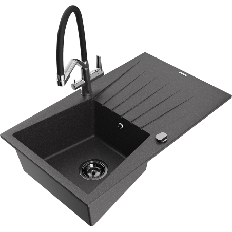 Mexen Cesar granite sink 1-bowl with drainer and Duo kitchen tap, black speckled - 6514-76-671701-07-B