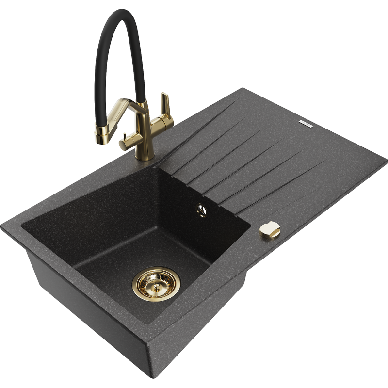 Mexen Cesar fregadero de granito 1-cámara con escurridor y grifería de cocina Duo, negro moteado - 6514-76-671701-57-G