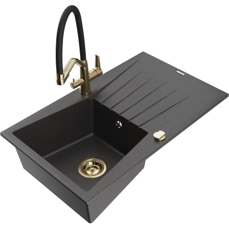 Mexen Cesar 1-bowl granite sink with drainer and Duo kitchen tap, speckled black - 6514-76-671701-57-G