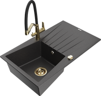 Mexen Cesar 1-bowl granite sink with drainer and Duo kitchen faucet, black with speckles - 6514-76-671701-57-G