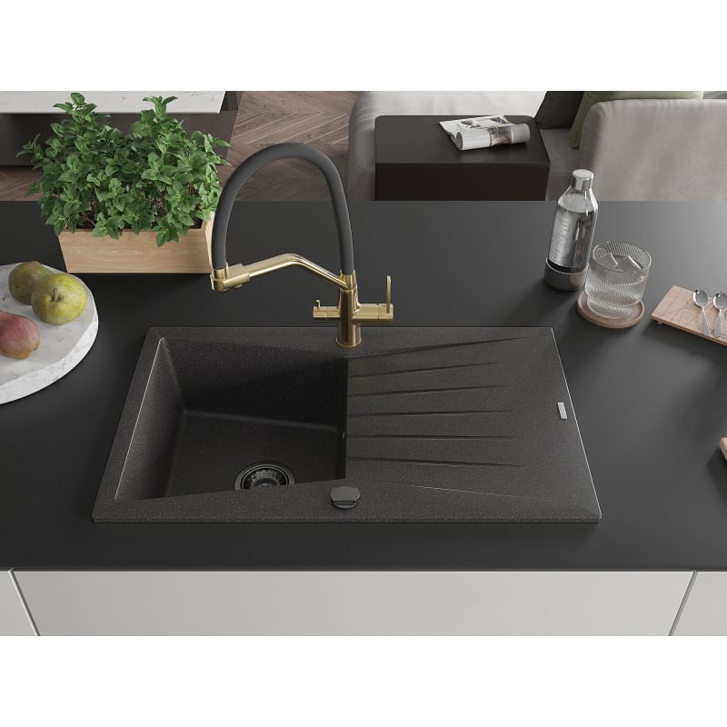 Mexen Cesar granite kitchen sink 1-bowl with drainer and kitchen faucet Duo, black speckled - 6514-76-671701-57-B