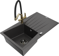 Mexen Cesar granite kitchen sink 1-bowl with drainer and kitchen faucet Duo, black speckled - 6514-76-671701-57-B