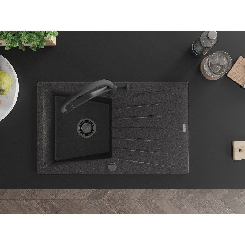 Mexen Cesar granite sink 1-bowl with drainer and Duo kitchen tap, black speckled - 6514-76-671701-70-B