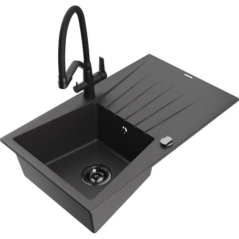 Mexen Cesar granite sink 1-bowl with drainer and Duo kitchen tap, black speckled - 6514-76-671701-70-B
