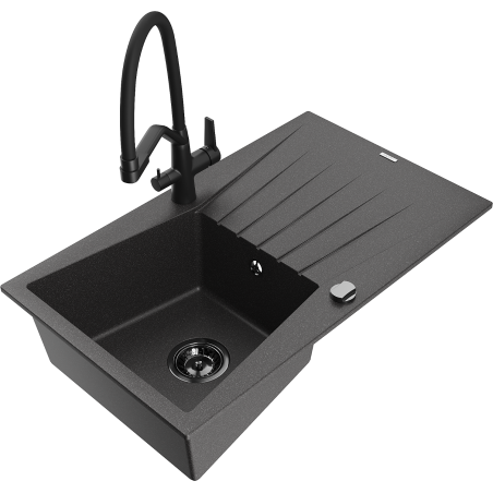 Mexen Cesar granite sink 1-bowl with drainer and Duo kitchen tap, black speckled - 6514-76-671701-70-B