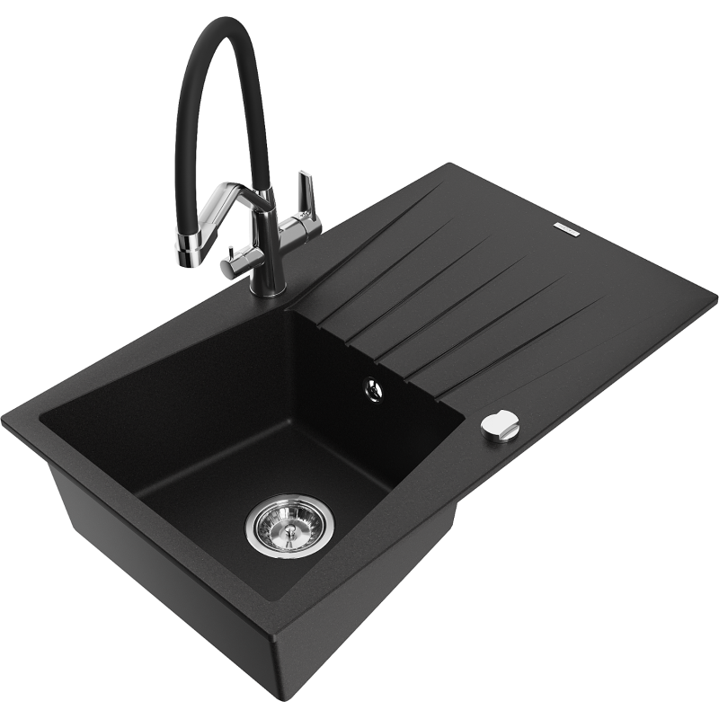 Mexen Cesar Granite Sink 1-bowl with Drainer and Duo Kitchen Tap, Black - 6514-77-671701-07