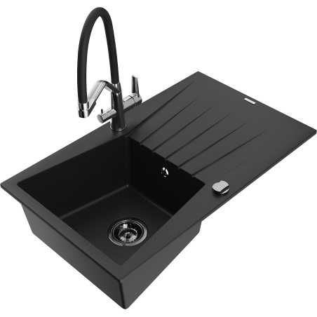 Mexen Cesar granite sink 1-bowl with drainer and kitchen tap Duo, black - 6514-77-671701-07-B