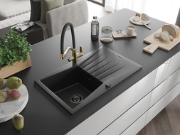 Mexen Cesar Granit-Lavabo mat engem Becken mat Ofkillplaz an Kichenkran Duo, schwaarz - 6514-77-671701-57-B