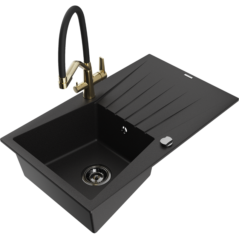 Mexen Cesar granite sink 1-bowl with drainer and Duo kitchen tap, black - 6514-77-671701-57-B