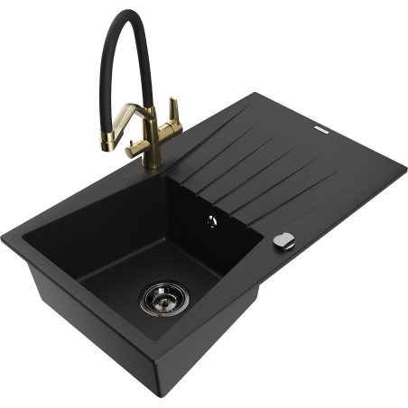 Mexen Cesar granite sink 1-bowl with drainer and Duo kitchen tap, black - 6514-77-671701-57-B