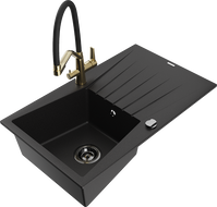 Mexen Cesar Granit-Lavabo mat engem Becken mat Ofkillplaz an Kichenkran Duo, schwaarz - 6514-77-671701-57-B