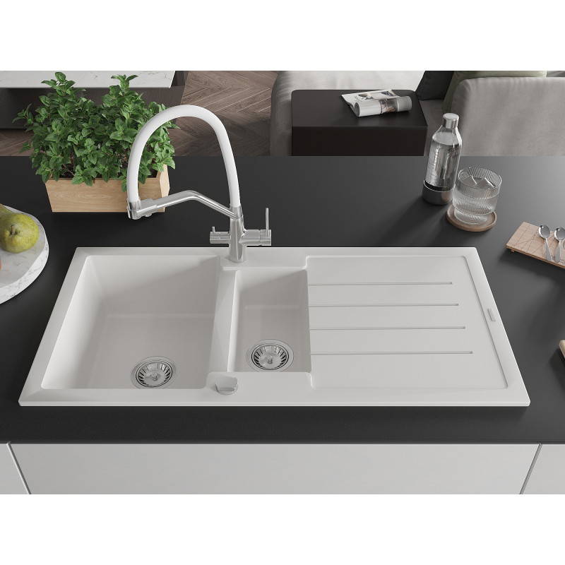 Mexen Andres fregadero de granito de 1,5-cuenca con escurridor y grifo de cocina Duo, blanco - 6515-20-671701-02