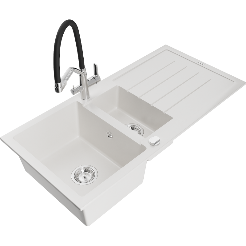 Mexen Andres fregadero de granito de 1,5 senos con escurridor y grifo de cocina Duo, blanco - 6515-20-671701-07