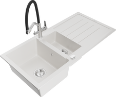 Mexen Andres fregadero de granito de 1,5 senos con escurridor y grifo de cocina Duo, blanco - 6515-20-671701-07