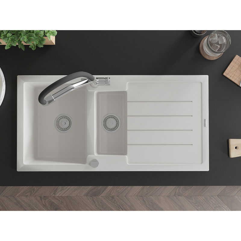Mexen Andres granite sink 1.5-bowl with drainer and Duo kitchen tap, white - 6515-20-671701-07