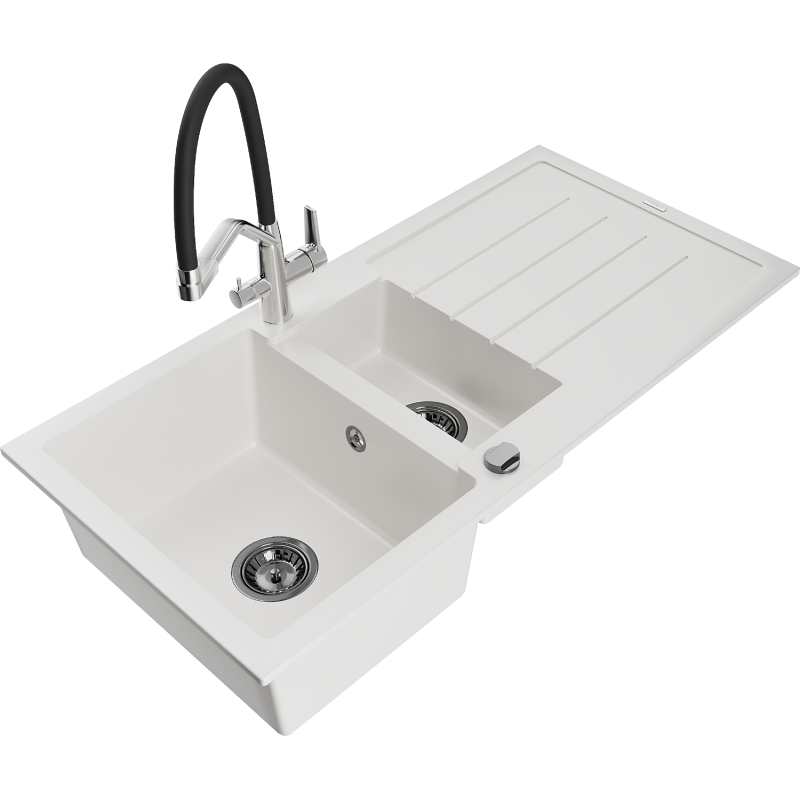 Mexen Andres fregadero de granito de 1,5 senos con escurridor y grifo de cocina Duo, blanco - 6515-20-671701-07-B