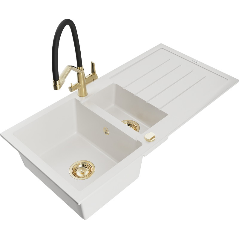 Mexen Andres fregadero de granito de 1,5 senos con escurridor y grifo de cocina Duo, blanco - 6515-20-671701-57-G