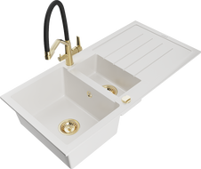Mexen Andres 1.5-bowl granite kitchen sink with drainer and Duo kitchen faucet, white - 6515-20-671701-57-G