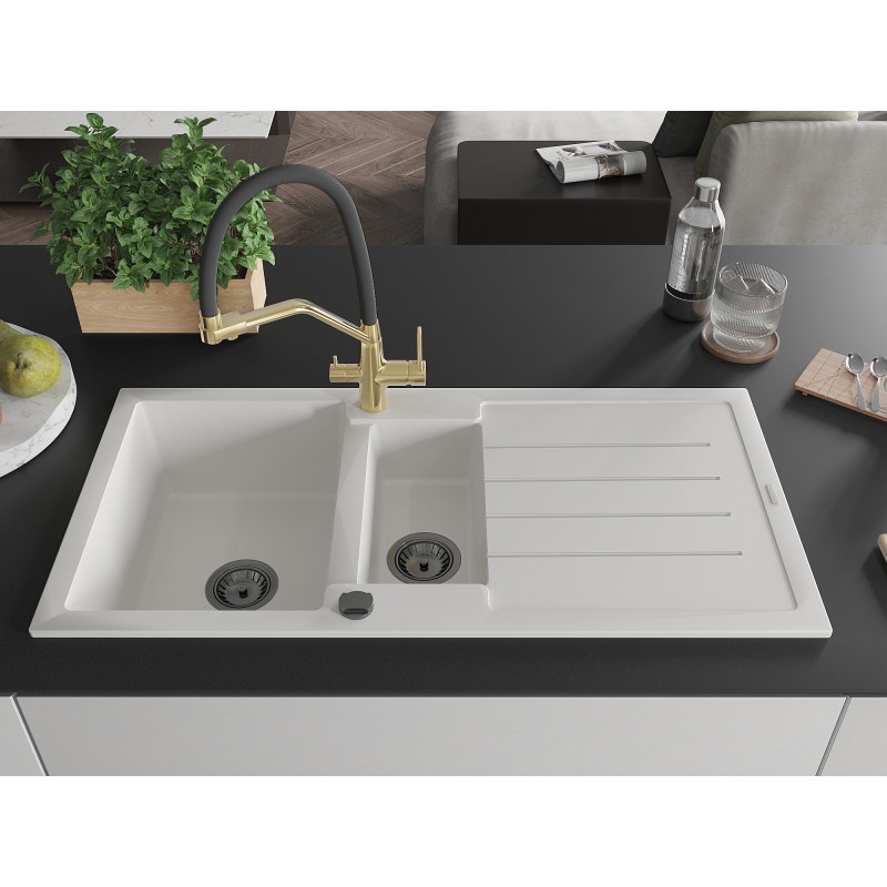 Mexen Andres fregadero de granito de 1,5 seno con escurridor y grifo de cocina Duo, blanco - 6515-20-671701-57-B