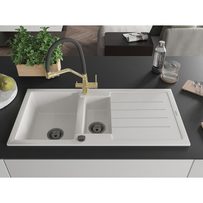 Mexen Andres granite sink 1.5-bowl with drainer and Duo kitchen tap, white - 6515-20-671701-57-B