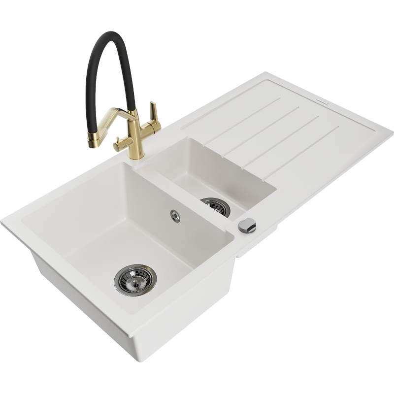 Mexen Andres fregadero de granito 1,5 cubetas con escurridor y grifo de cocina Duo, blanco - 6515-20-671701-57-B