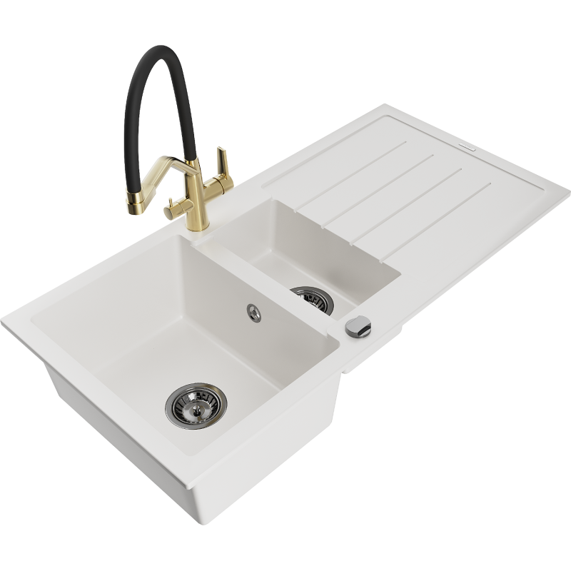 Mexen Andres granieten gootsteen 1,5-komor met afdruiprek en Duo keukenkraan, wit - 6515-20-671701-57-B