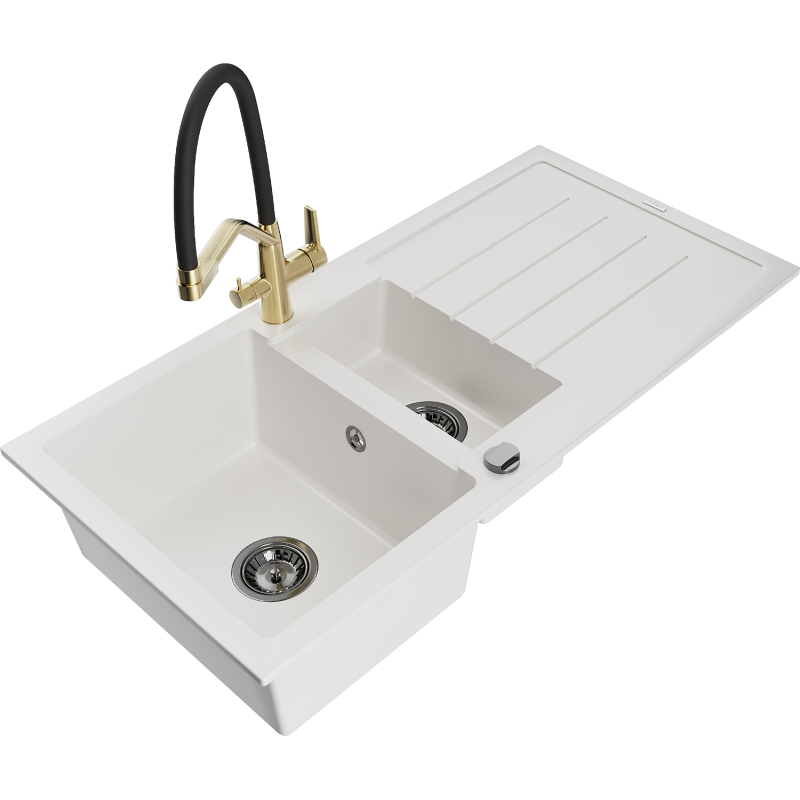 Mexen Andres granite sink 1.5-bowl with drainer and Duo kitchen tap, white - 6515-20-671701-57-B