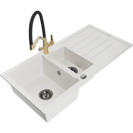Mexen Andres granite sink 1.5-bowl with drainer and Duo kitchen tap, white - 6515-20-671701-57-B