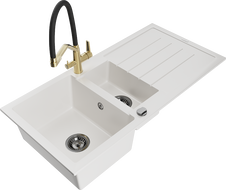 Mexen Andres 1.5-bowl granite sink with drainer and Duo kitchen faucet, white - 6515-20-671701-57-B