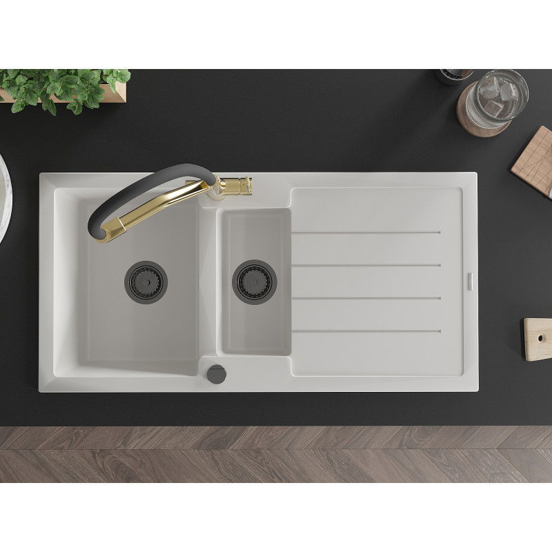 Mexen Andres fregadero de granito 1,5 cubetas con escurridor y grifo de cocina Duo, blanco - 6515-20-671701-57-B