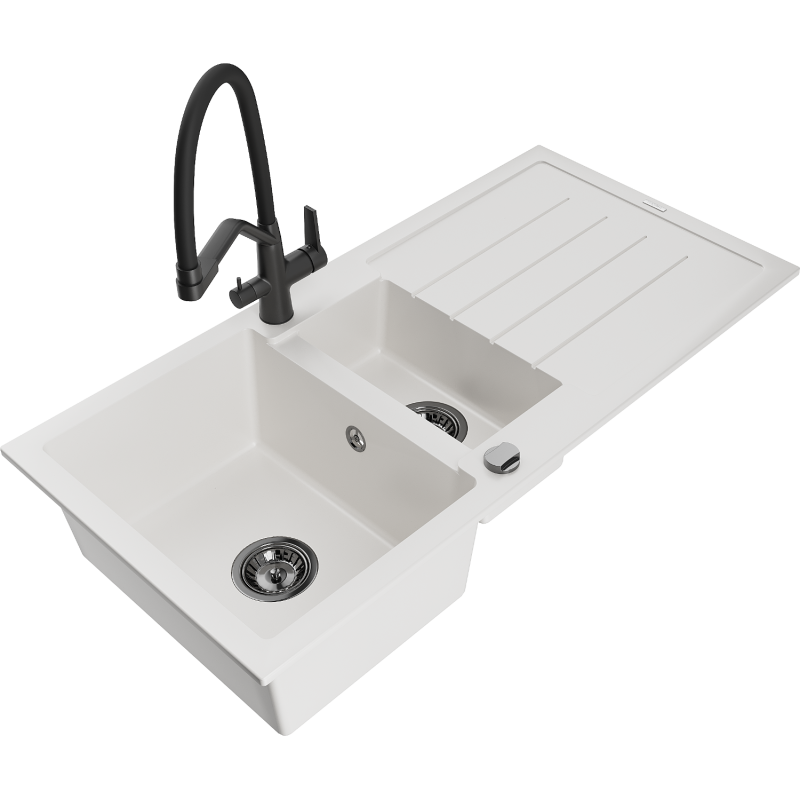 Mexen Andres granite sink 1.5-bowl with drainer and Duo kitchen tap, white - 6515-20-671701-70-B