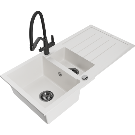 Mexen Andres granite sink 1.5-bowl with drainer and Duo kitchen faucet, white - 6515-20-671701-70-B