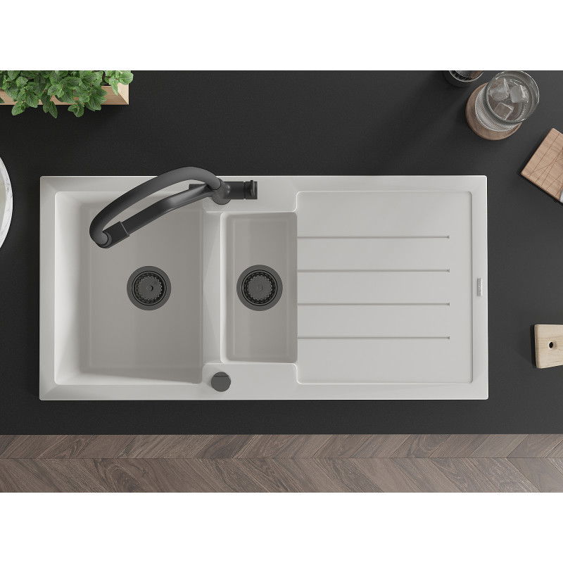 Mexen Andres fregadero de granito 1,5 compartimentos con escurridor y grifo de cocina Duo, blanco - 6515-20-671701-70-B